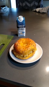 Breakfast of (pescetarian) champions: egg on a real east coast bagel, and a Coco Libre. Add a greek yogurt (Tillamook is my go-to) and I'm ahead of the protein curve before the day has even started!